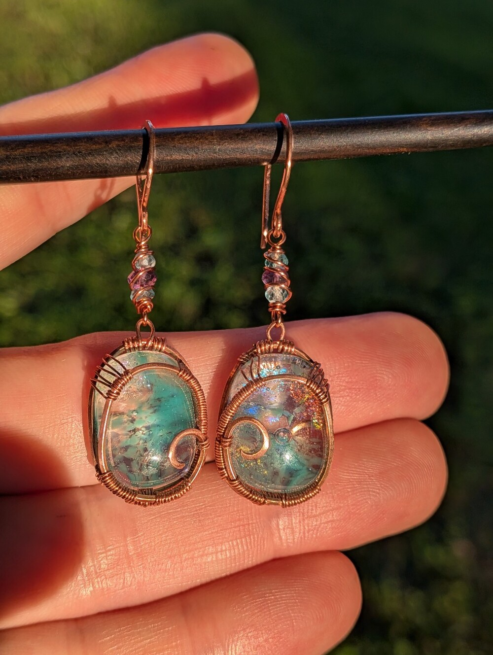 Mermaid Goddess Earrings - Artisan Dichroic Glass with Natural Gems in Copper - Picture 12 of 16